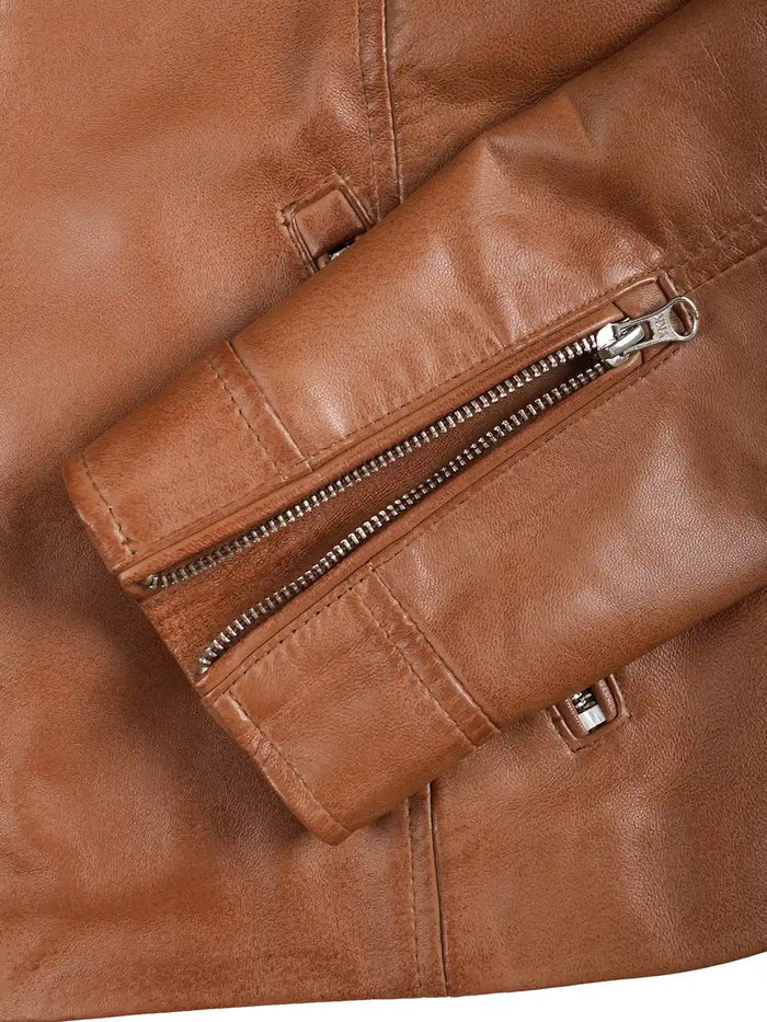 Luna Women's Tan Brown Cafe Racer Leather Jacket - Back View