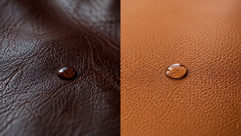 Close-up comparison of dark brown and tan leather grain with water droplets