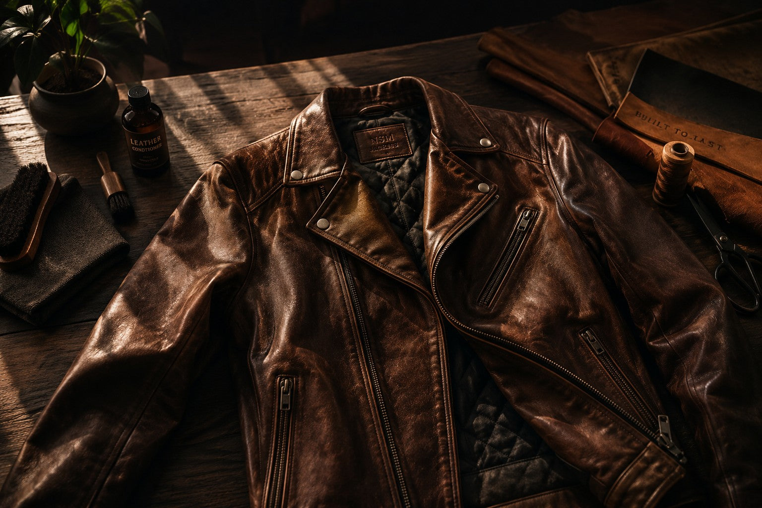 NSM Jackets leather conditioner and care kit with a brown leather jacket