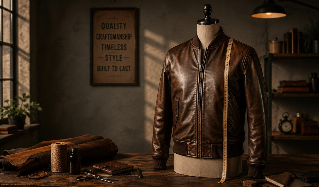 Brown leather bomber jacket on a mannequin with quality craftsmanship sign