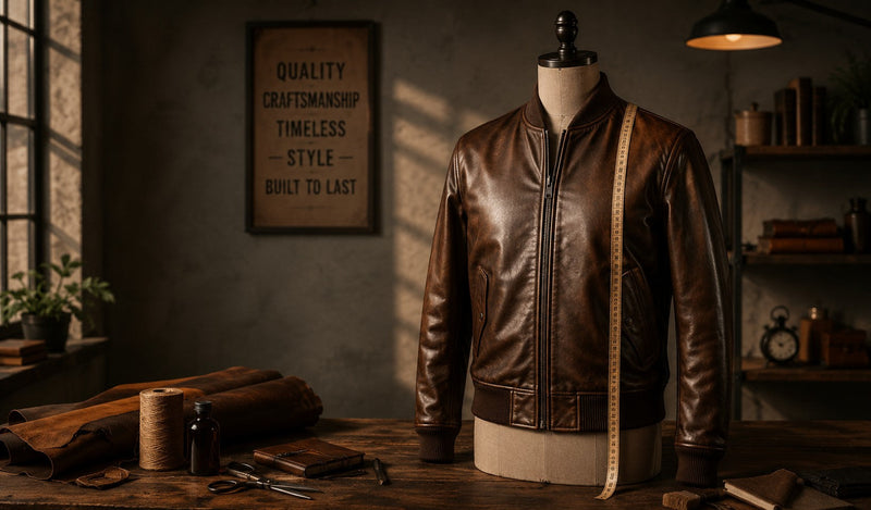 Brown leather bomber jacket on a mannequin with quality craftsmanship sign