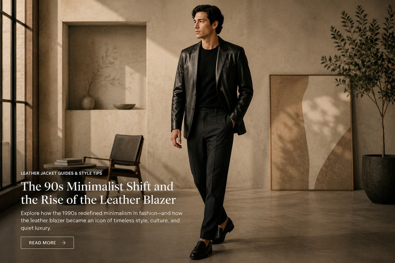 Man walking in a black leather blazer in a minimalist interior