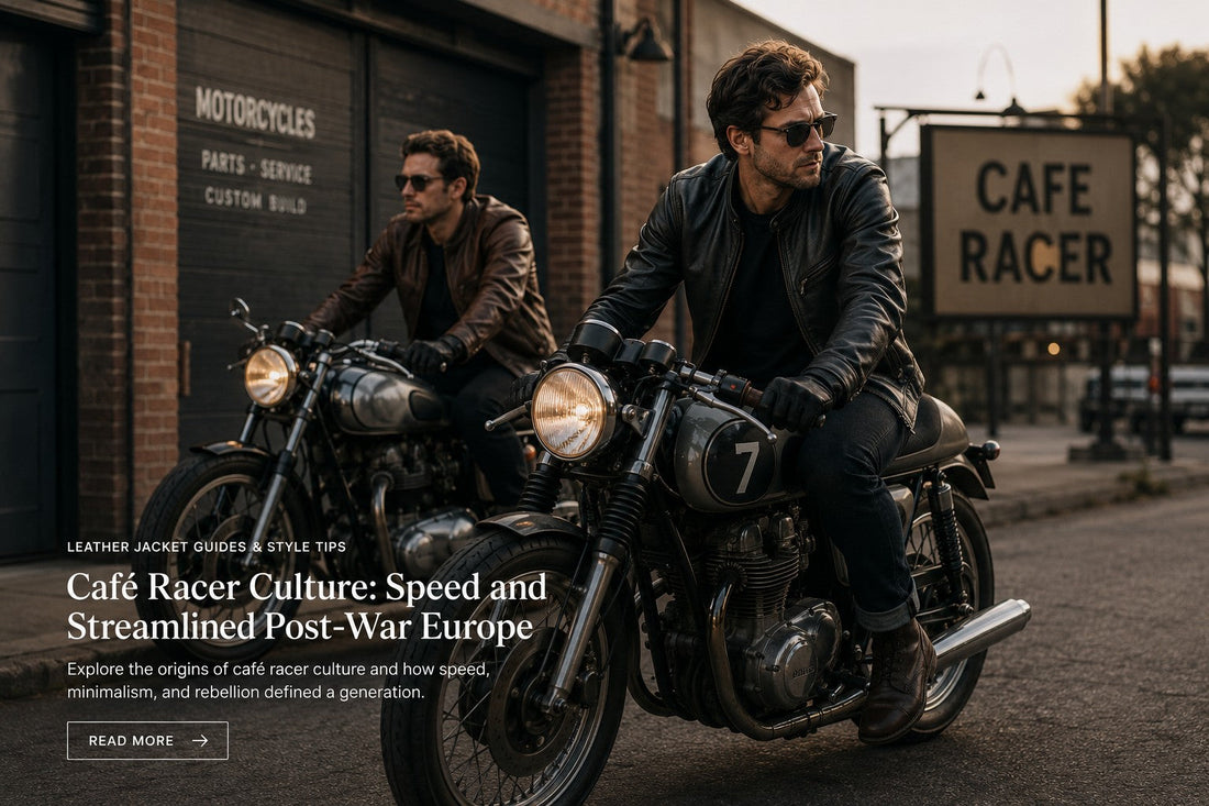 Two men riding vintage motorcycles in leather jackets outside a cafe racer garage
