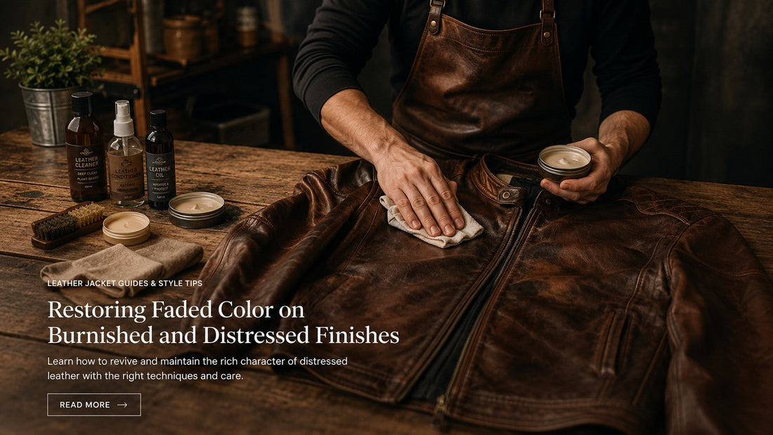 Hands applying cream conditioner to a distressed brown leather jacket