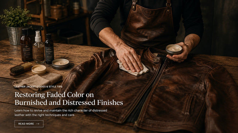 Hands applying cream conditioner to a distressed brown leather jacket