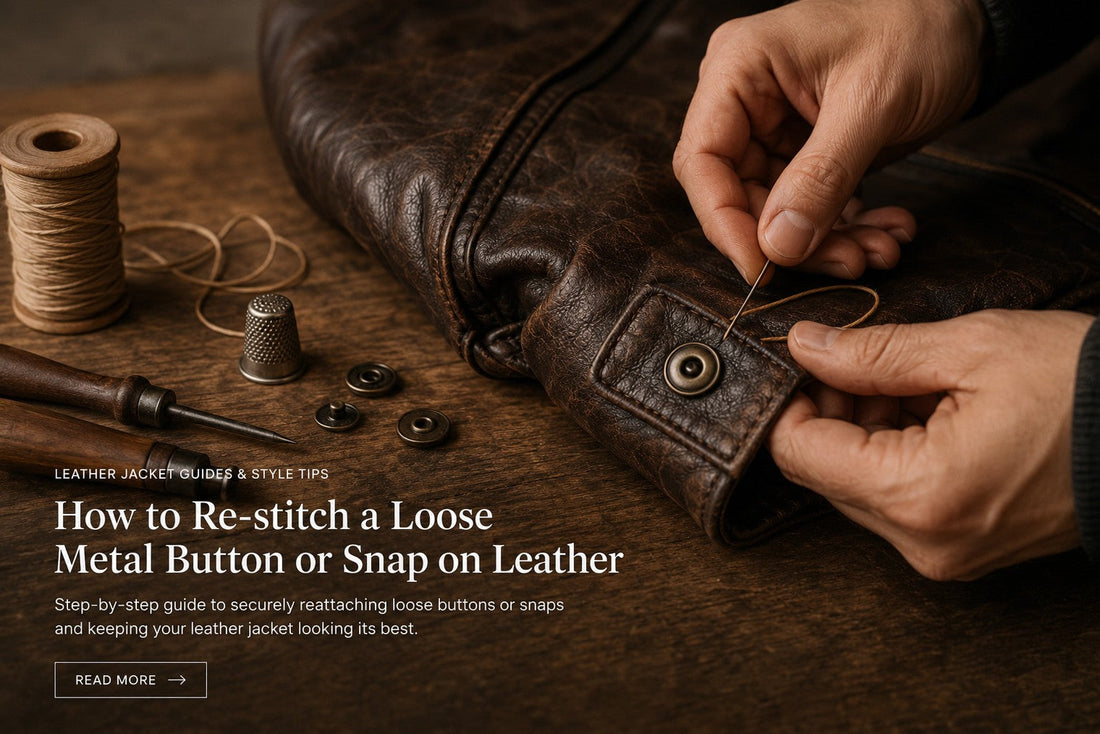 Hands hand-stitching a metal snap button on a brown leather jacket cuff