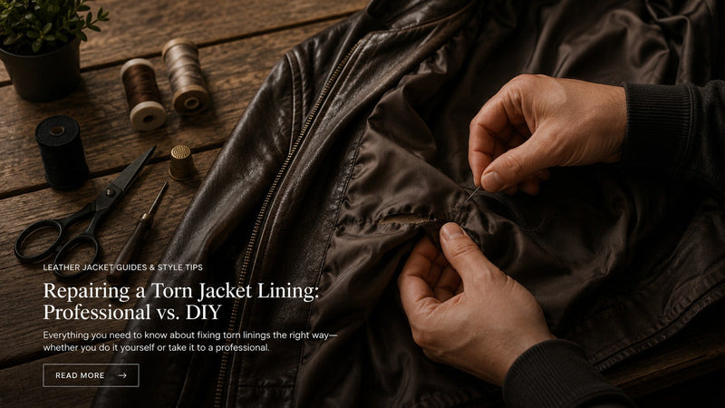 Hands sewing a torn satin jacket lining with needle and thread