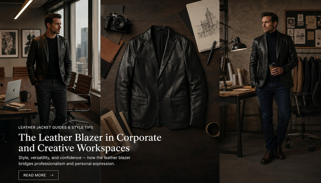 Man in black leather blazer in an office setting, and standing in a creative studio