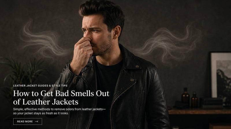 Man reacting to a bad smell while wearing a black leather biker jacket