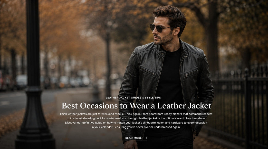 Man in a black leather jacket walking down a tree-lined autumn street