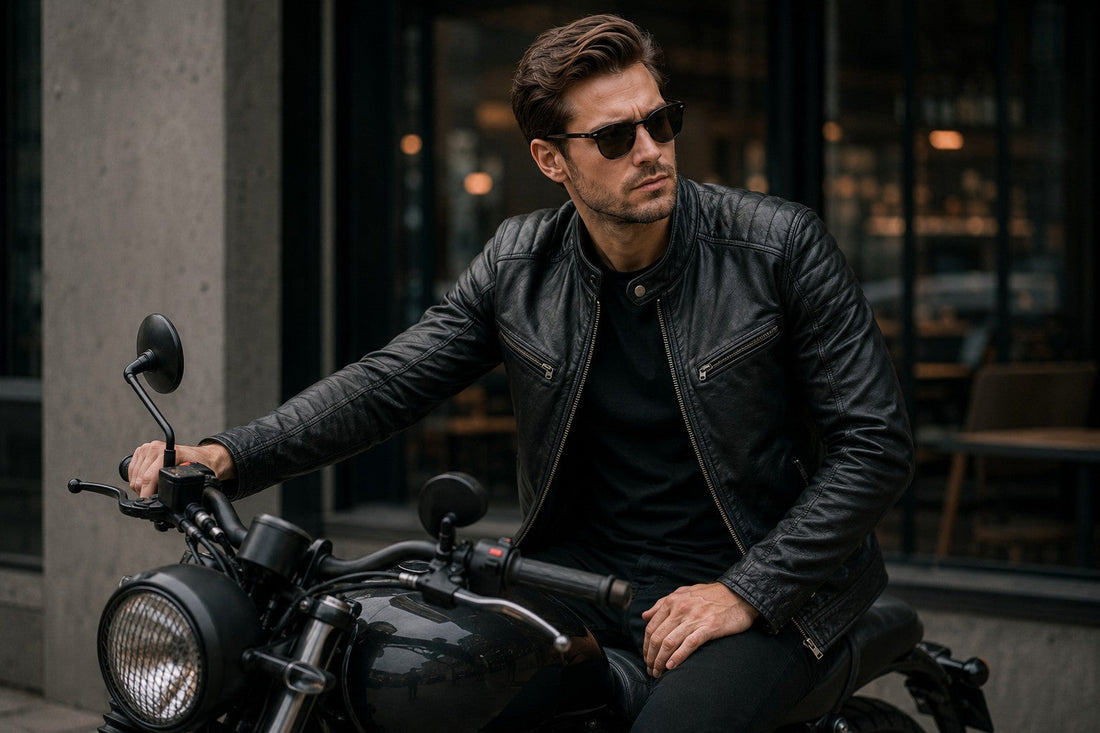 Man in black leather biker jacket sitting on a motorcycle