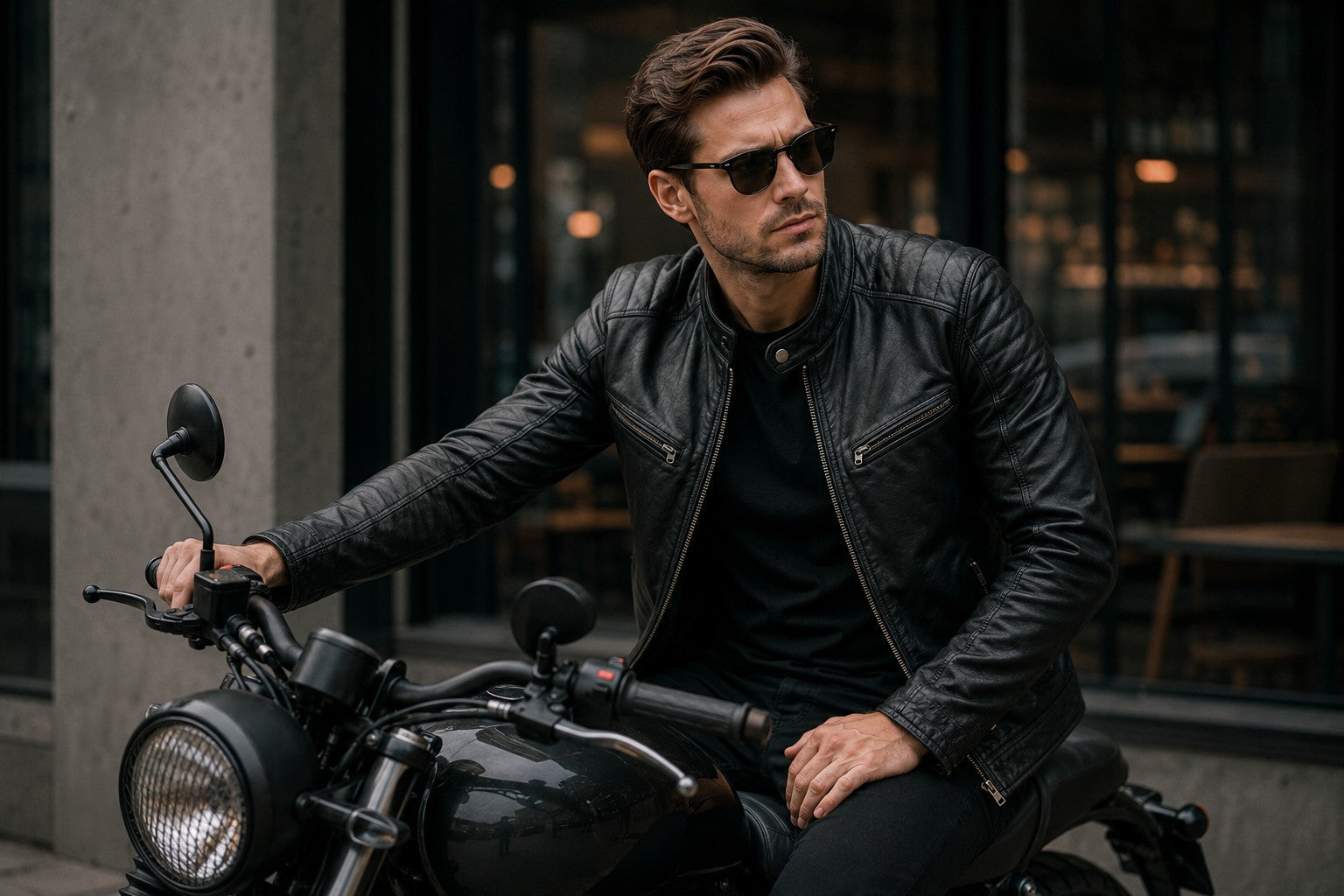 Man in black leather biker jacket sitting on a motorcycle