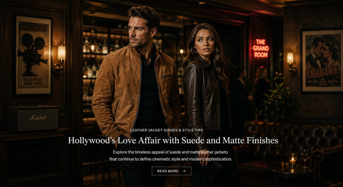 Man in tan suede jacket and woman in leather jacket in a vintage cinema bar