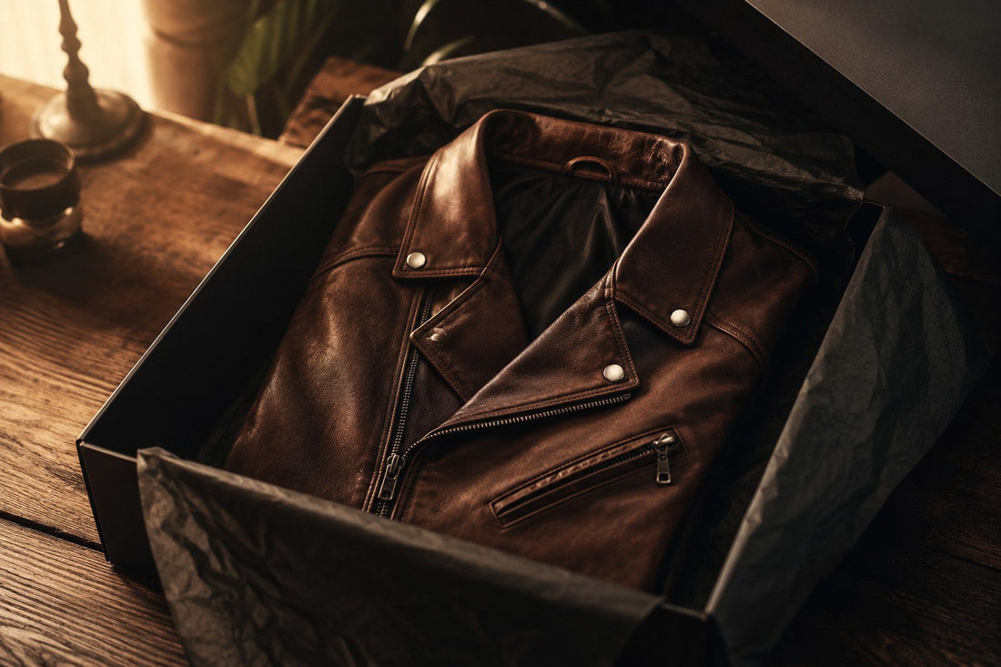 Brown leather biker jacket neatly folded inside an open gift box