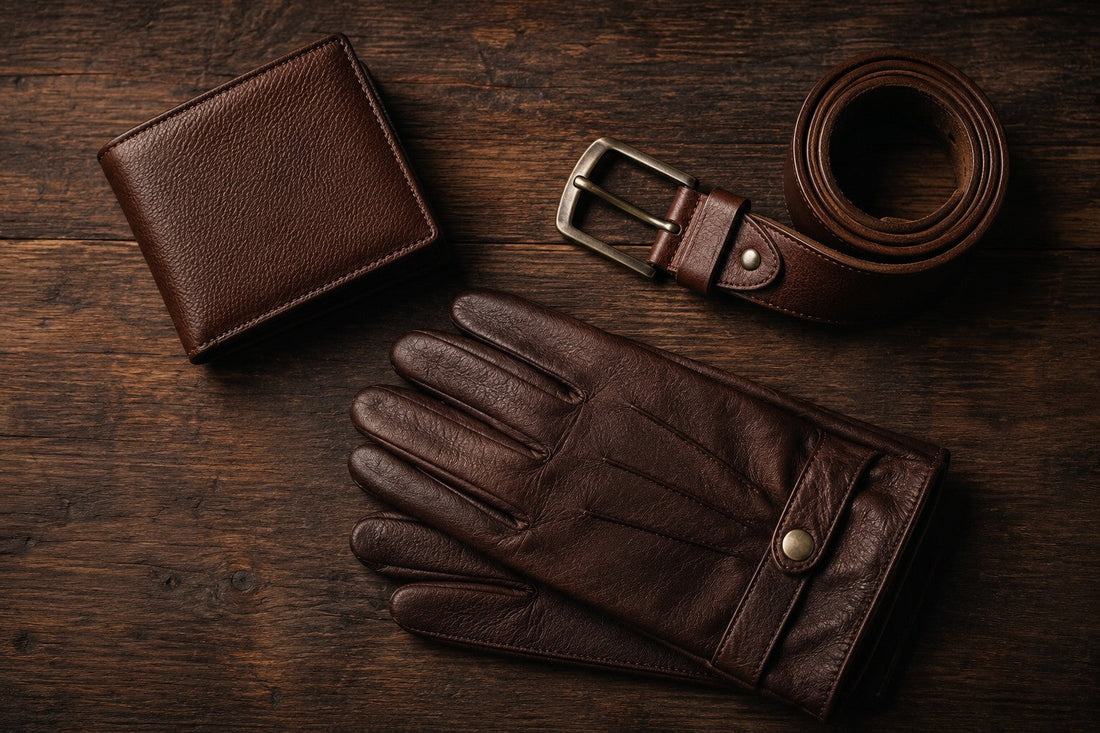 Genuine leather wallet, belt, and gloves flat lay on wood