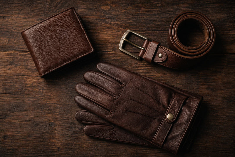Genuine leather wallet, belt, and gloves flat lay on wood