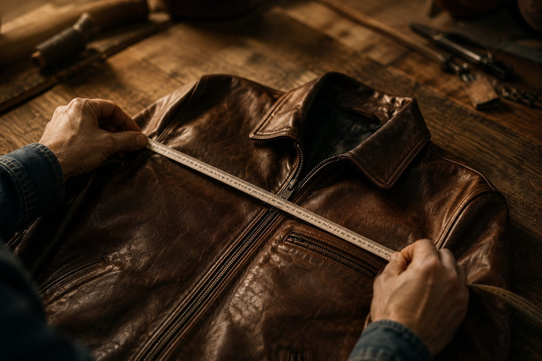 Measuring a brown leather jacket with a tailor's tape