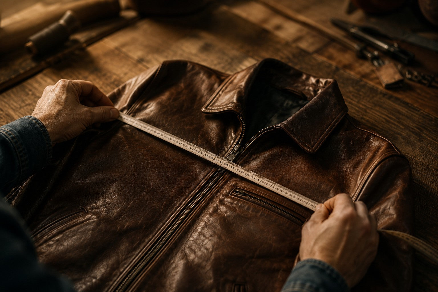 Measuring a brown leather jacket with a tailor's tape