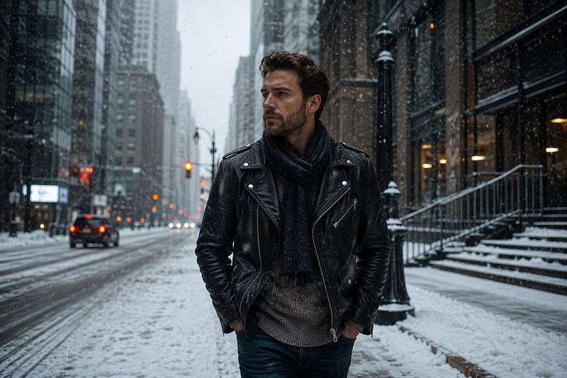 Man in black leather biker jacket walking on a snowy city street