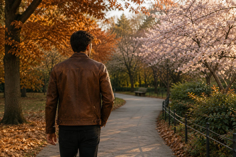 Man in brown leather jacket walking through a park between autumn and spring trees