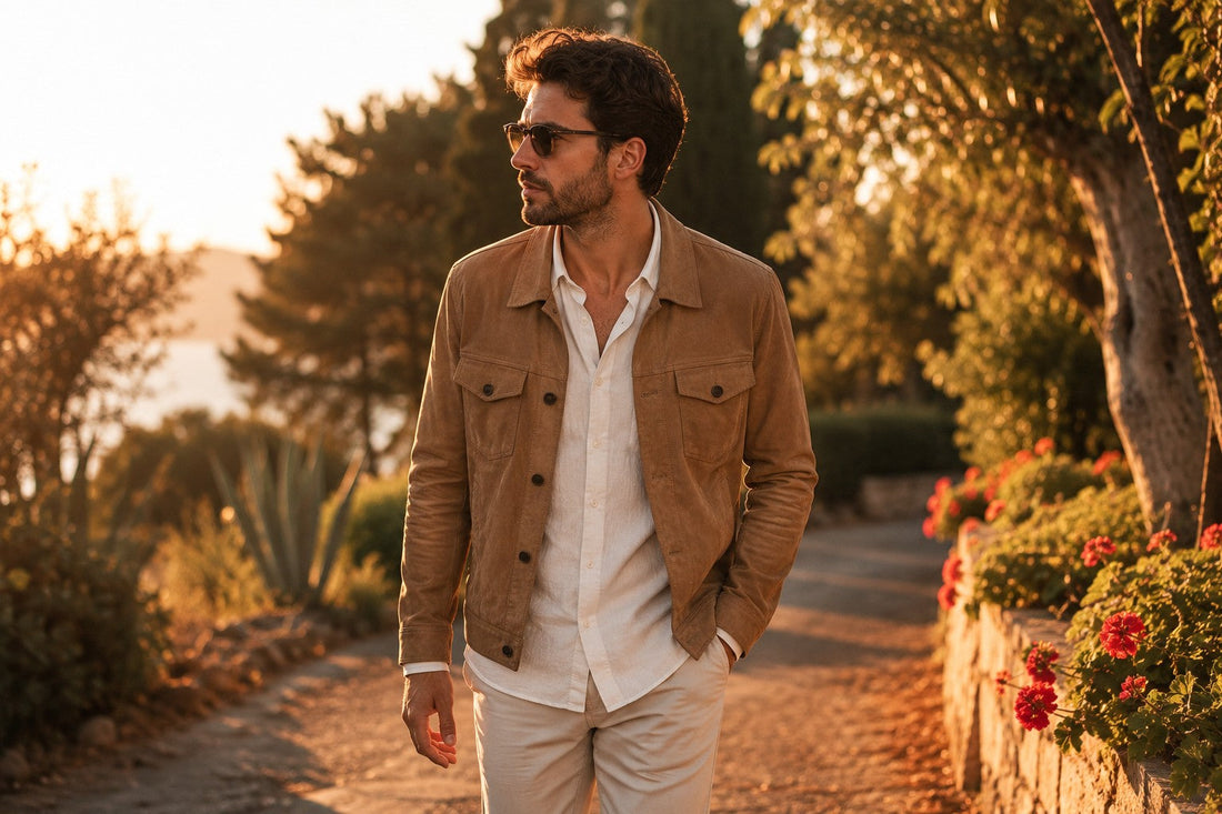 Man in light brown suede jacket outdoors at golden hour in summer