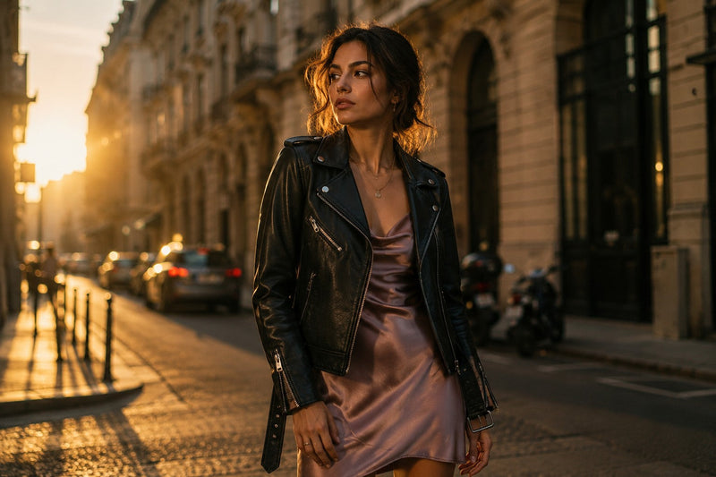 Woman in black leather biker jacket over a silk slip dress