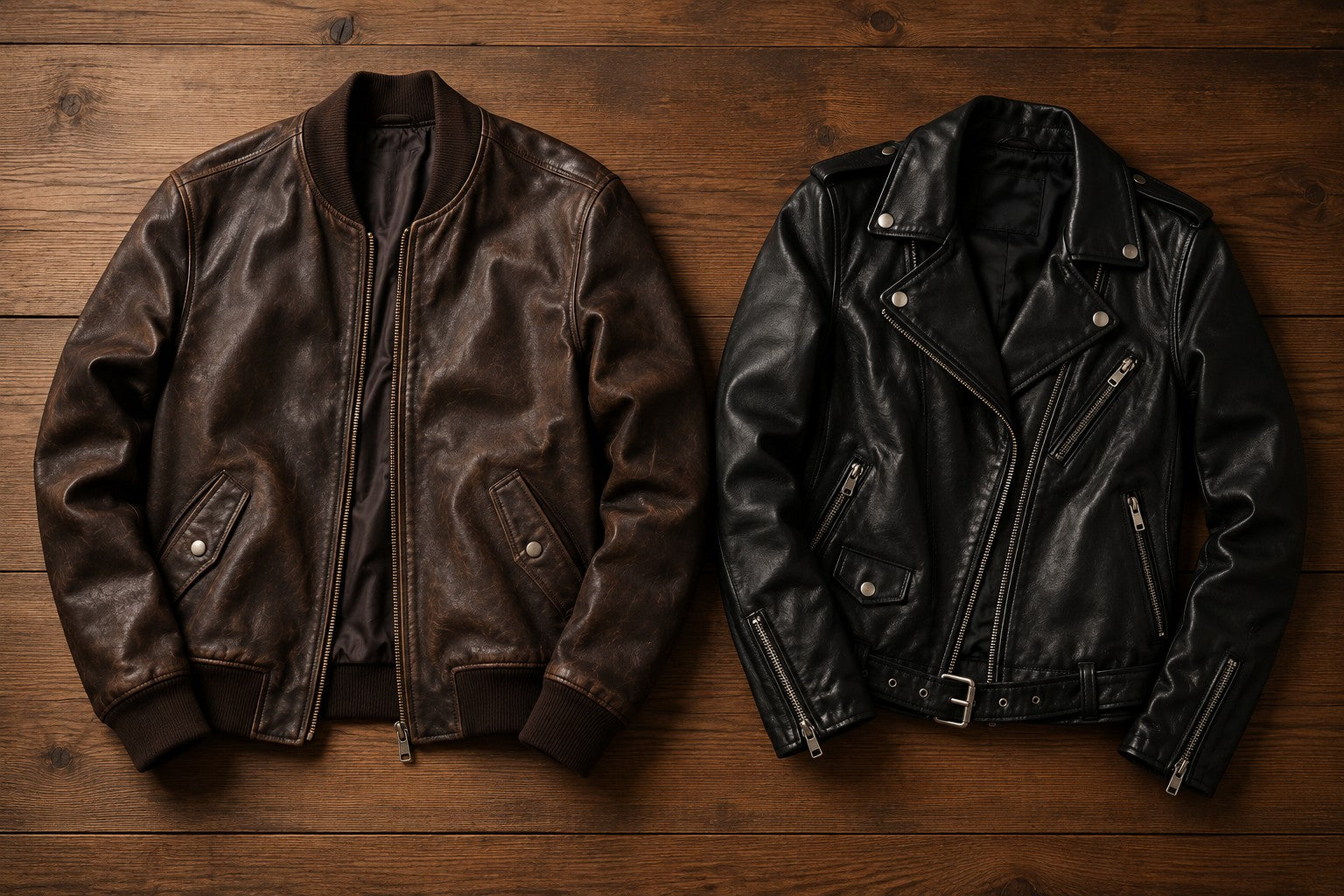 Brown leather bomber jacket and black leather biker jacket side by side