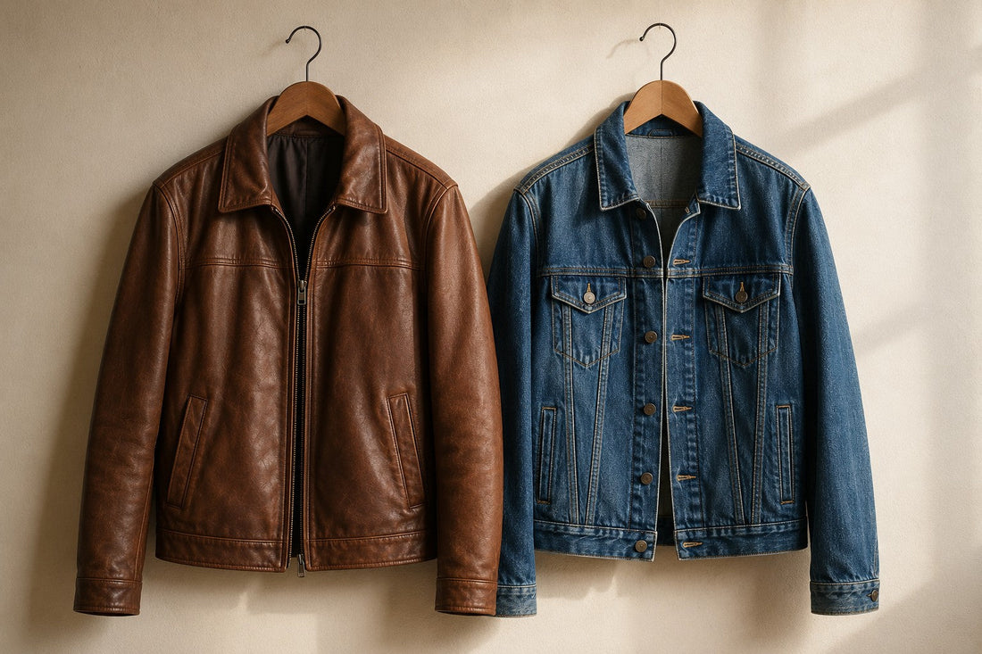 Brown leather jacket and blue denim jacket hanging side by side