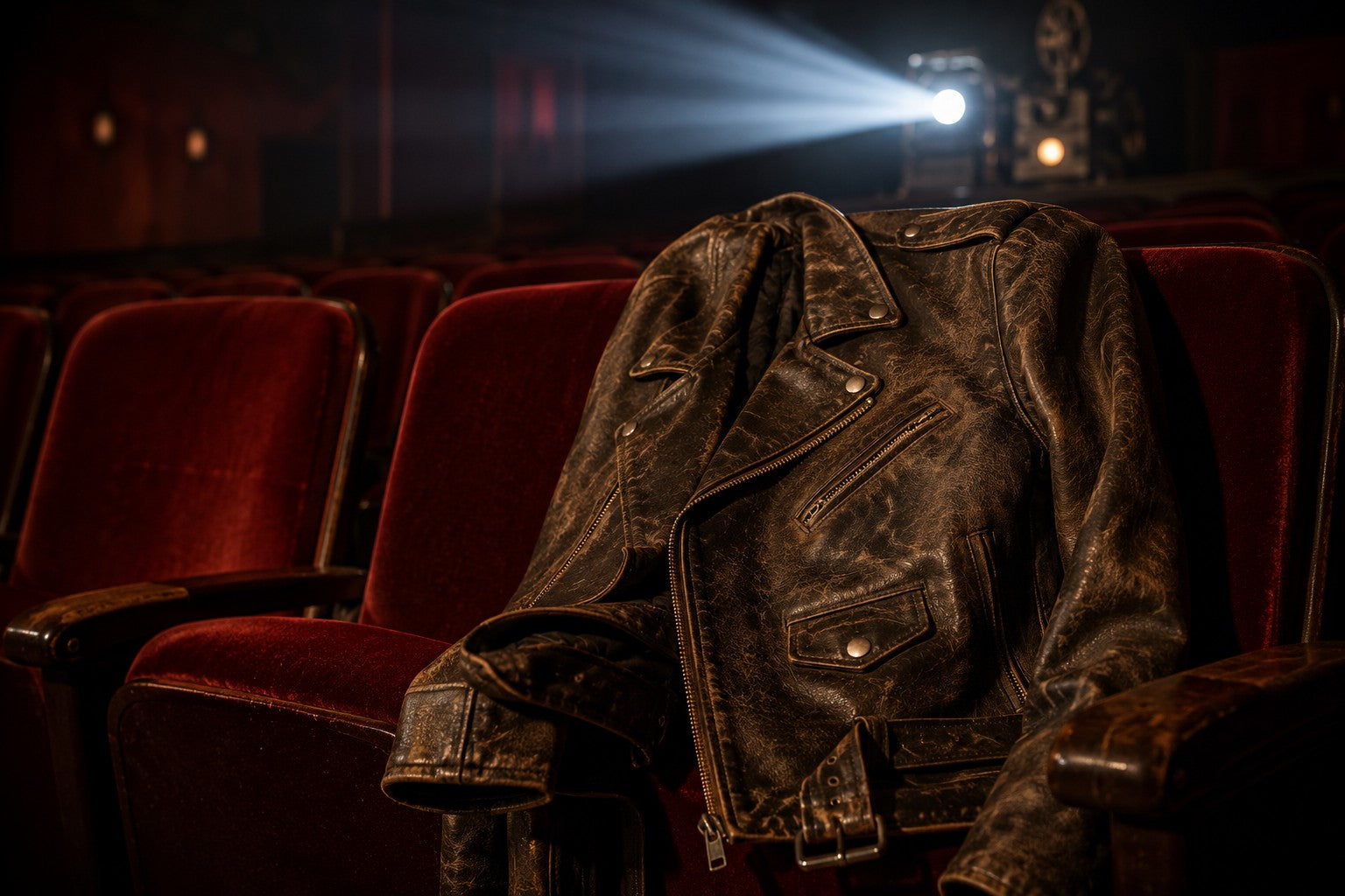 Vintage leather biker jacket draped over a red cinema seat