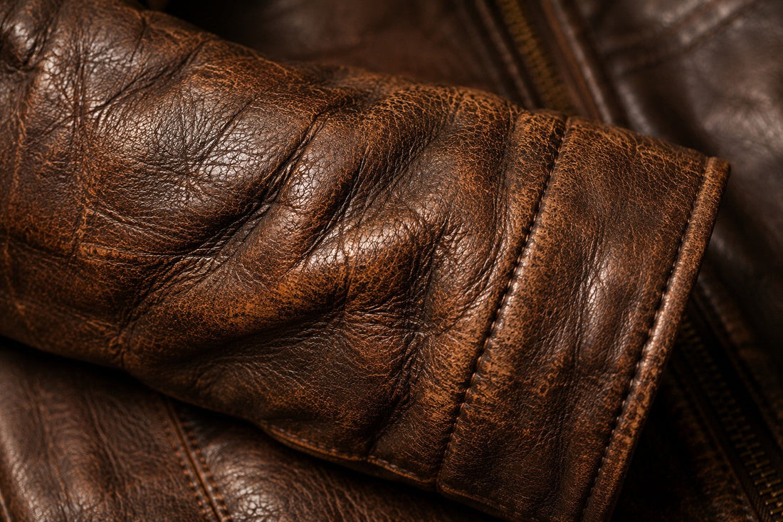 Close-up of richly patinaed brown leather jacket sleeve texture