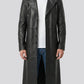 Vaughn men's black leather duster coat, front view on model