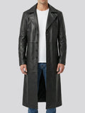 Vaughn men's black leather duster coat, front view on model