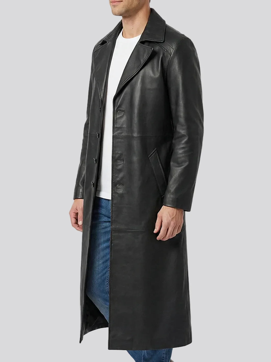 Black leather duster coat for men by NSM Jackets, front detail
