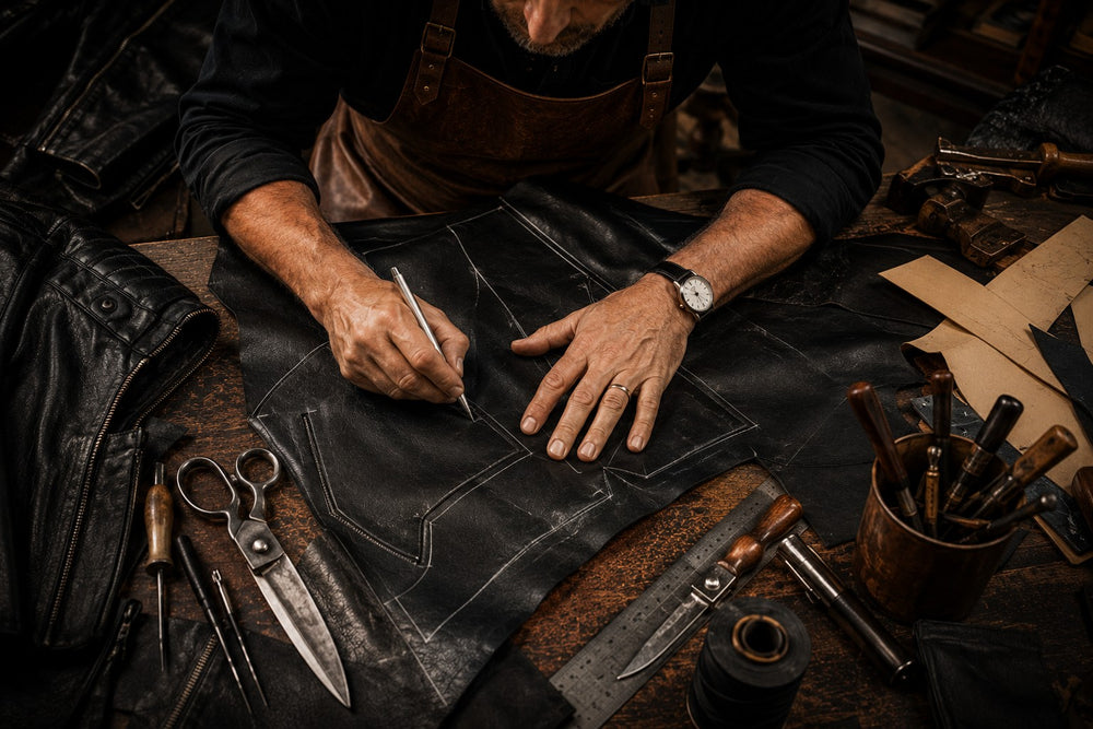 Hands marking and cutting black leather with tools on the bench