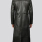 Men's full-length black leather duster coat, front view