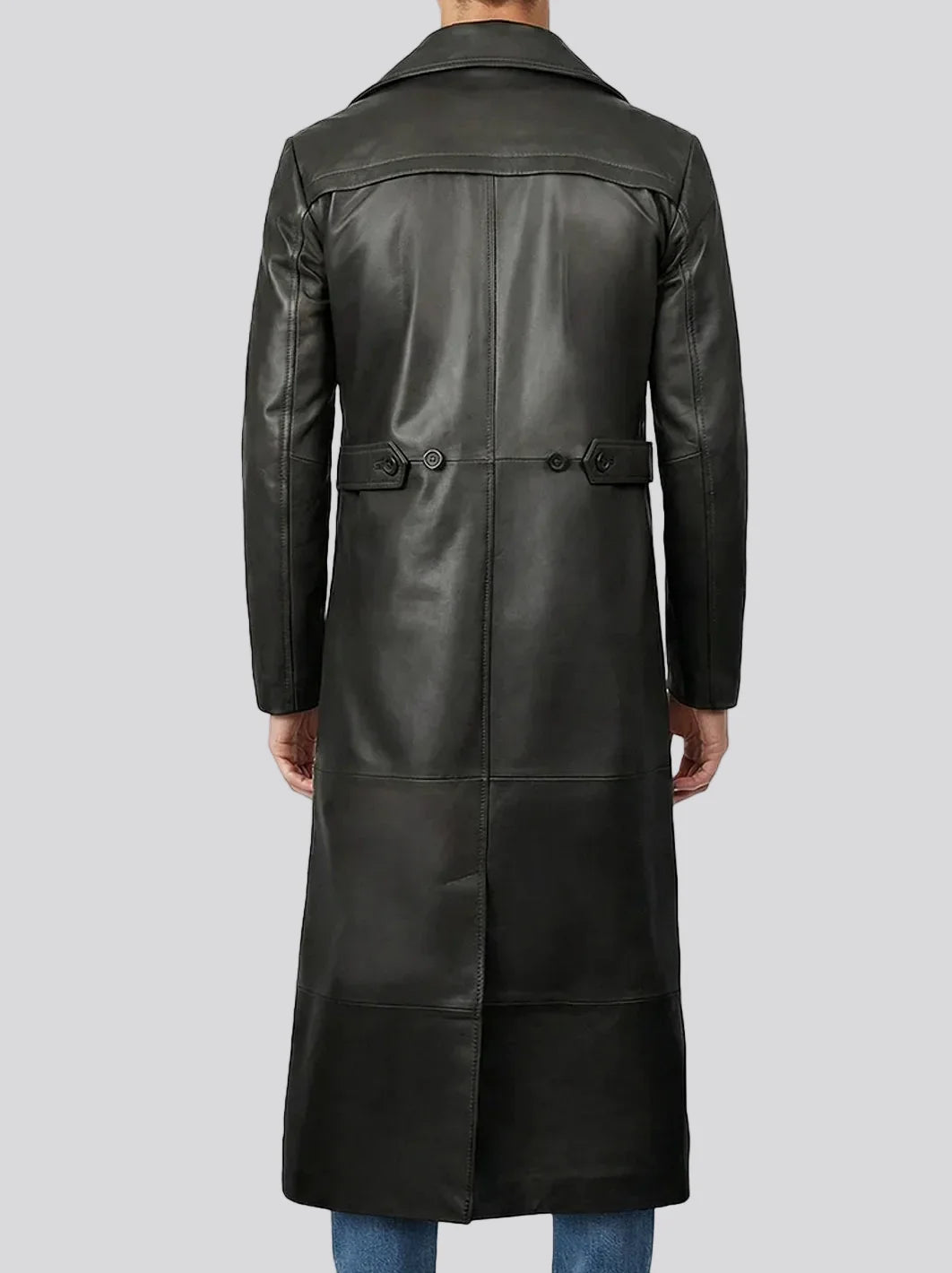 Men's full-length black leather duster coat, front view