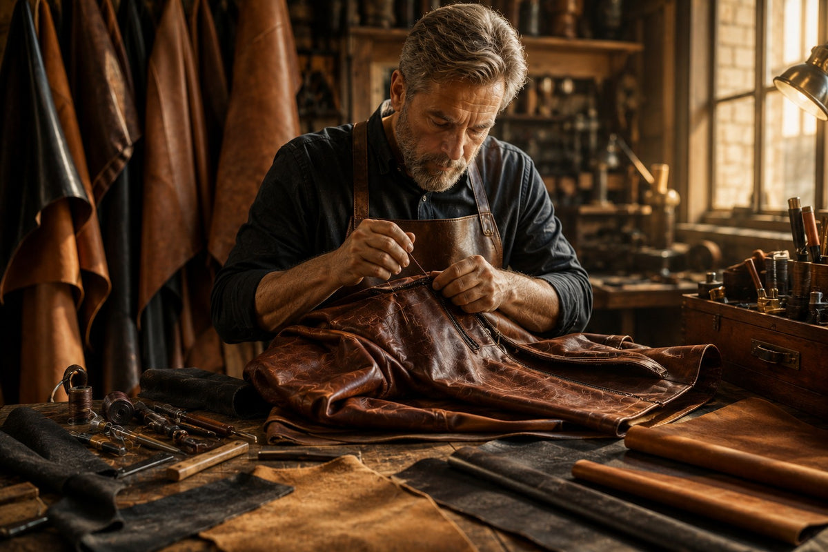 A leather craftsman working on a brown leather jacket at a workbench