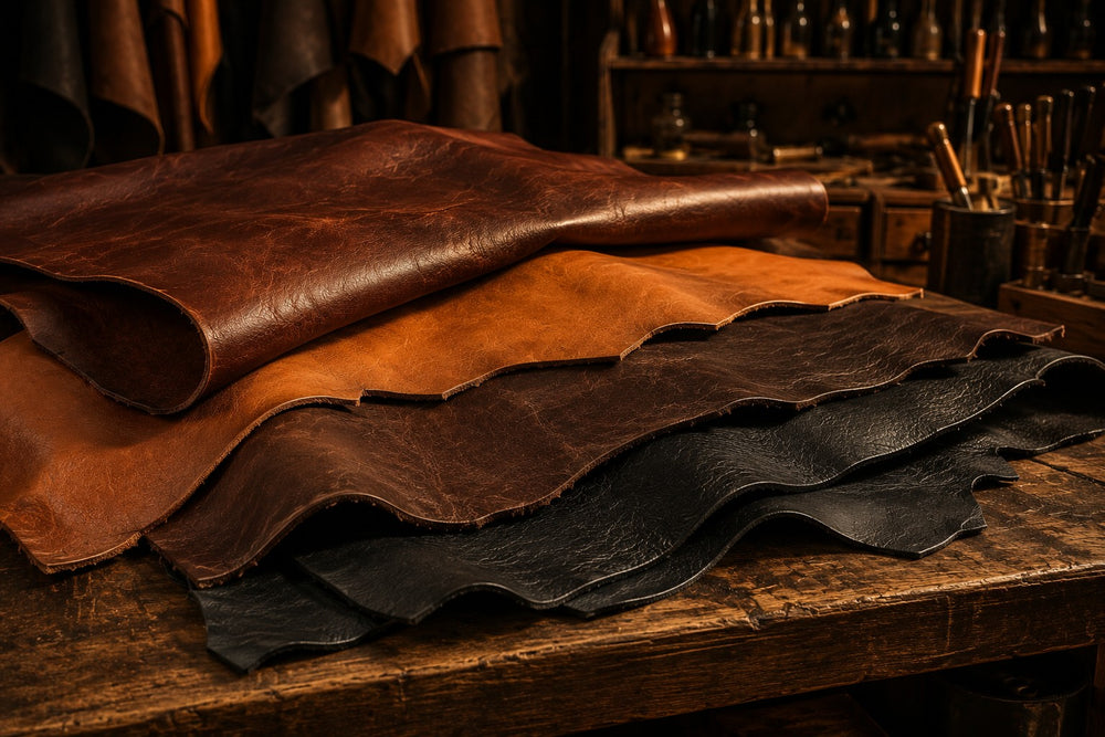 Leather hides in brown, tan and black stacked on a workbench