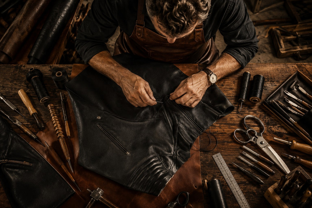 A craftsman checking a leather hide in the NSM workshop