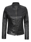 Amy Women’s Black Café Racer Leather Jacket – Front View