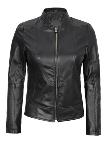 Amy Women’s Black Café Racer Leather Jacket – Front View