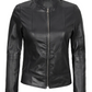 Amy Women's Black Cafe Racer Leather Jacket - Side Angle View