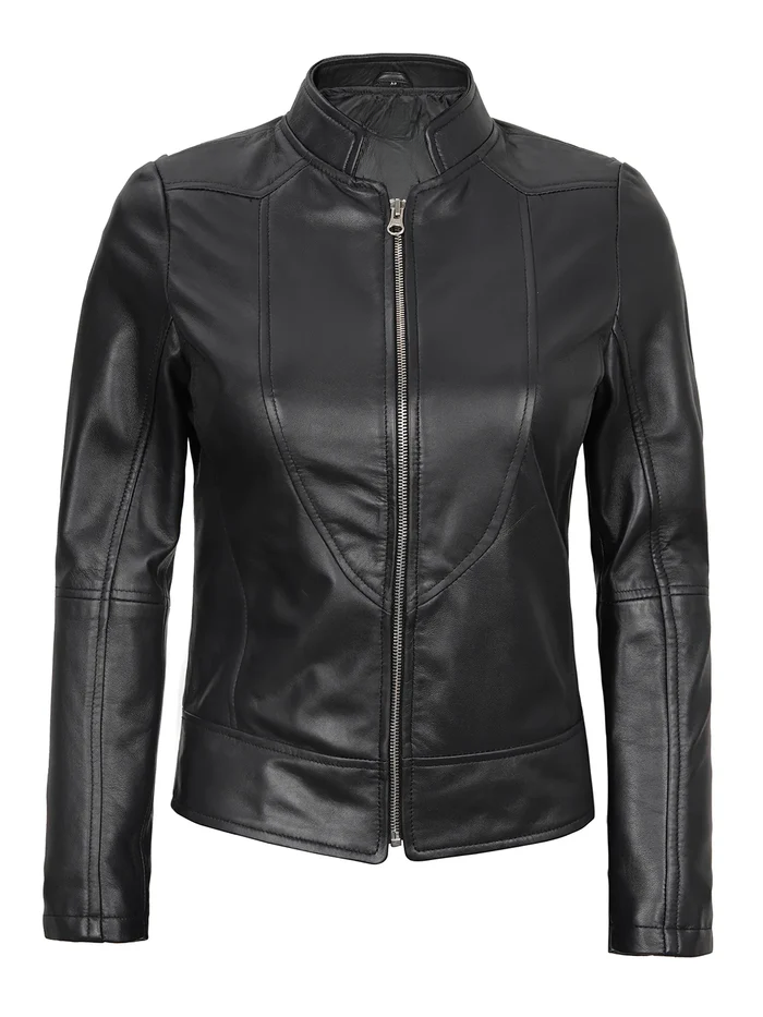 Amy Women's Black Cafe Racer Leather Jacket - Side Angle View