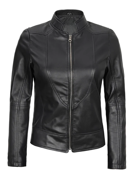 Amy Women's Black Cafe Racer Leather Jacket - Side Angle View