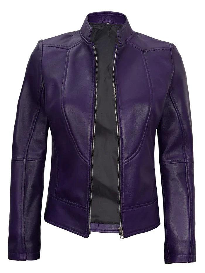 Amy Women’s Purple Café Racer Leather Jacket – Front View