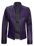 Amy Women’s Purple Café Racer Leather Jacket – Front View