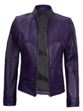 Amy Women's Purple Cafe Racer Leather Jacket - Front Open View