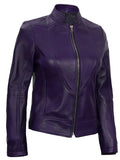 Women’s Purple Café Racer Leather Jacket – Side Angle