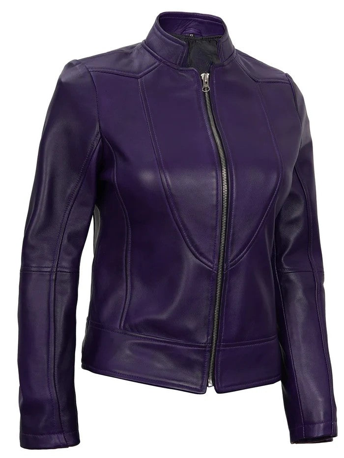 Women’s Purple Café Racer Leather Jacket – Side Angle
