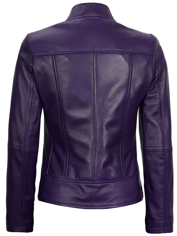 Amy Women's Purple Cafe Racer Leather Jacket - Side View